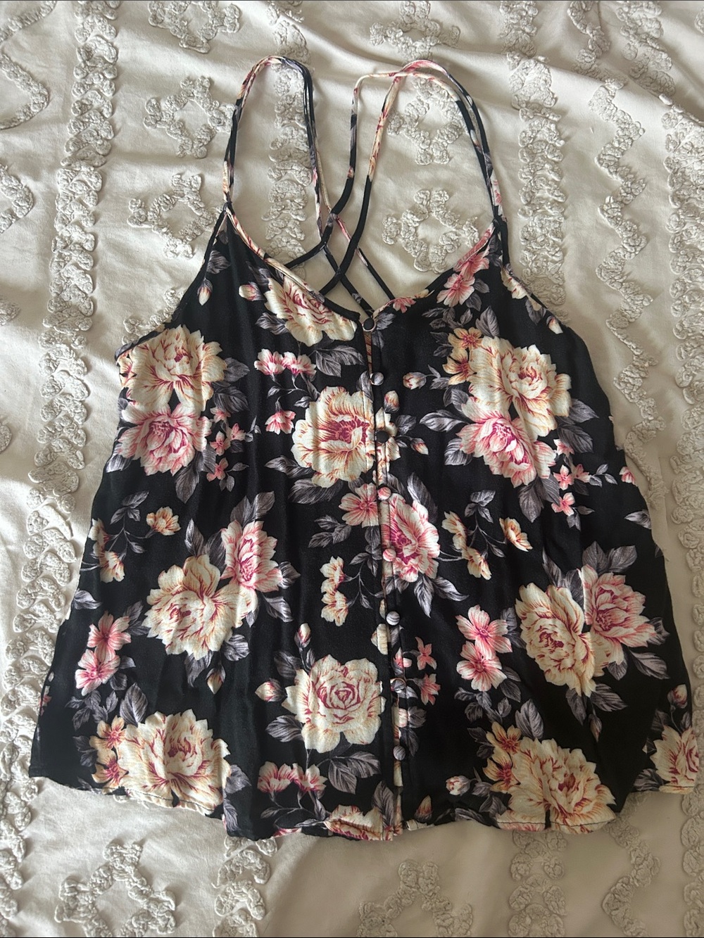 American Eagle Outfitters Black Floral Cross-Back Cami
